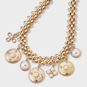 Pearl Charm and Coin Multilink Chain Necklace